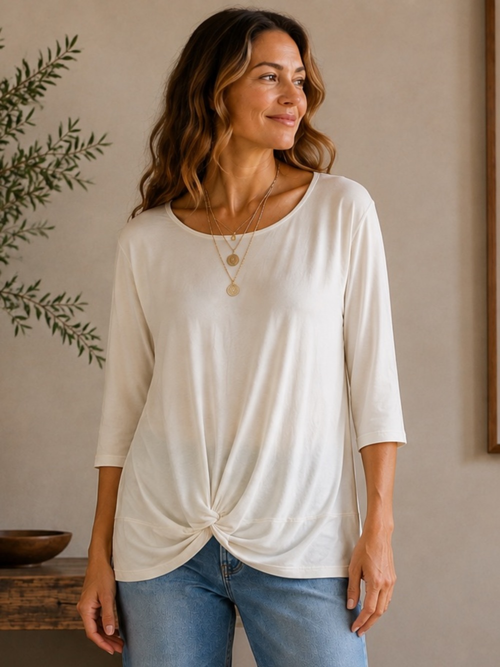 Chico’s Soft Knit Twist Front Tunic Top Creamy White 3/4 Sleeve XL Quiet Luxury
